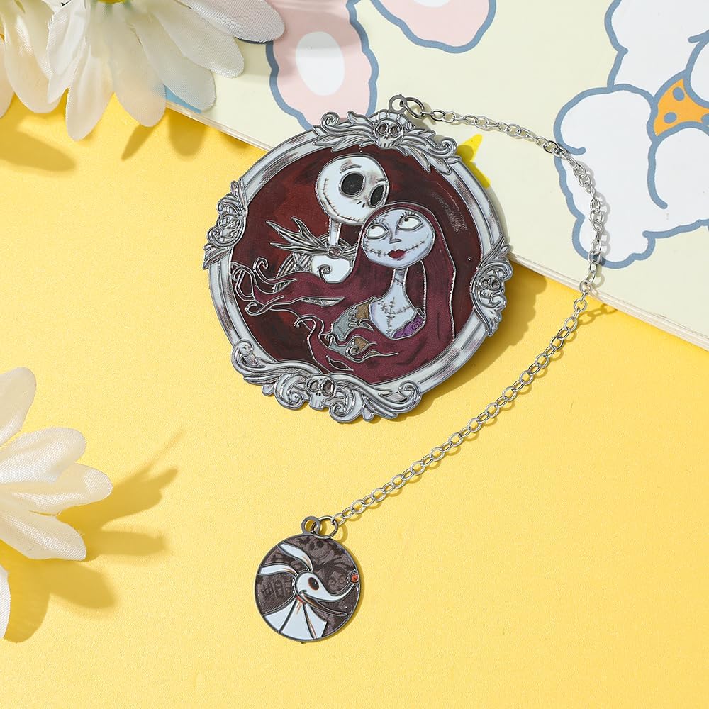 Gothic Christmas Metal Bookmark - Jack & Sally Couple & Silver Chain CharmVintage Engraved Book Accessory for Dark Holiday Lovers, Timeless Macabre Jewelry Gift (Red & Black)