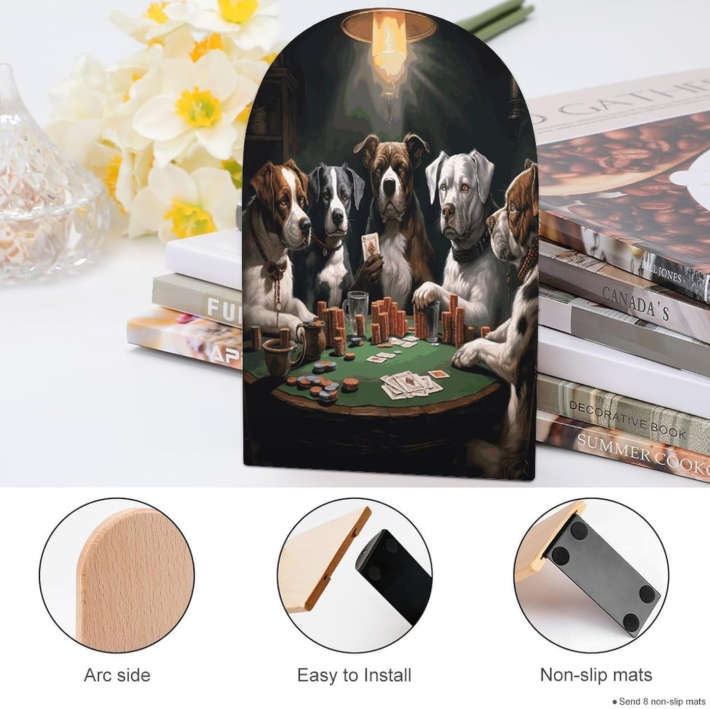 Playing Poker Dogs Bookend for Shelves Wooden Book End Large Size Sturdy Book Holders Stoppers with Metal Base for Bookshelves Slick Decorative Bookends Stands