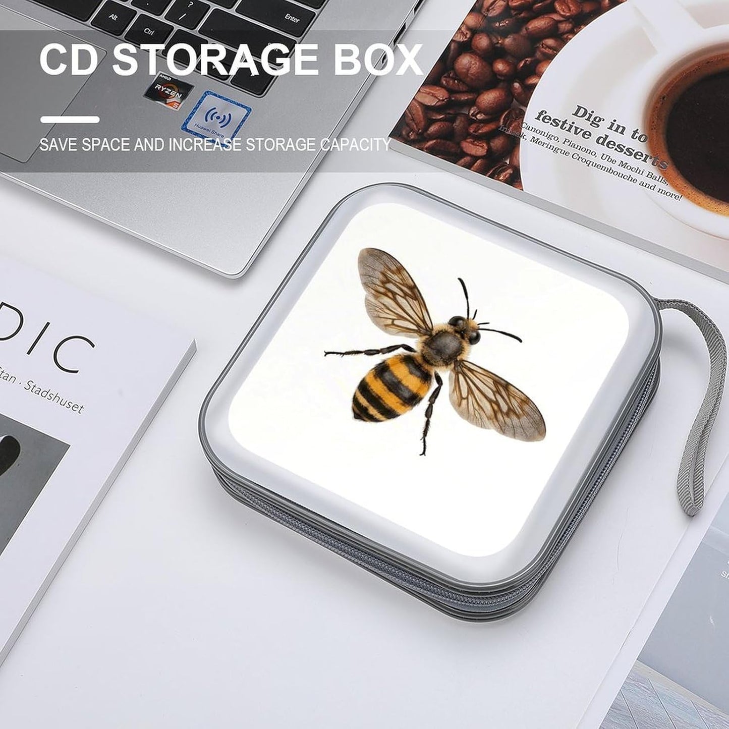 Bee CD Case Portable Zipper CD Case 40 Capacity Hard Plastic DVD Cases Holder Large Storage Disc Wallet Bag for Car Home Travel DVD Collection Bag