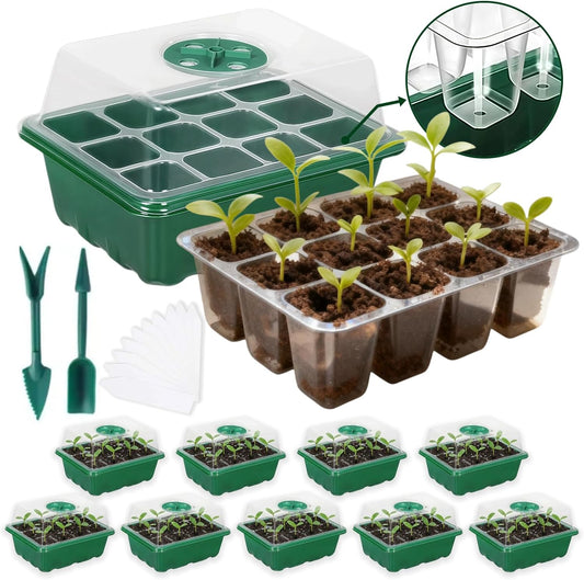 10 Pack Seed Starter Kit, 120 Cells Thickened Seed Trays with Humidity Dome, Base & Gardening Tools, Mini Greenhouse Germination Kit for Indoor Outdoor Vegetable Flower Growing