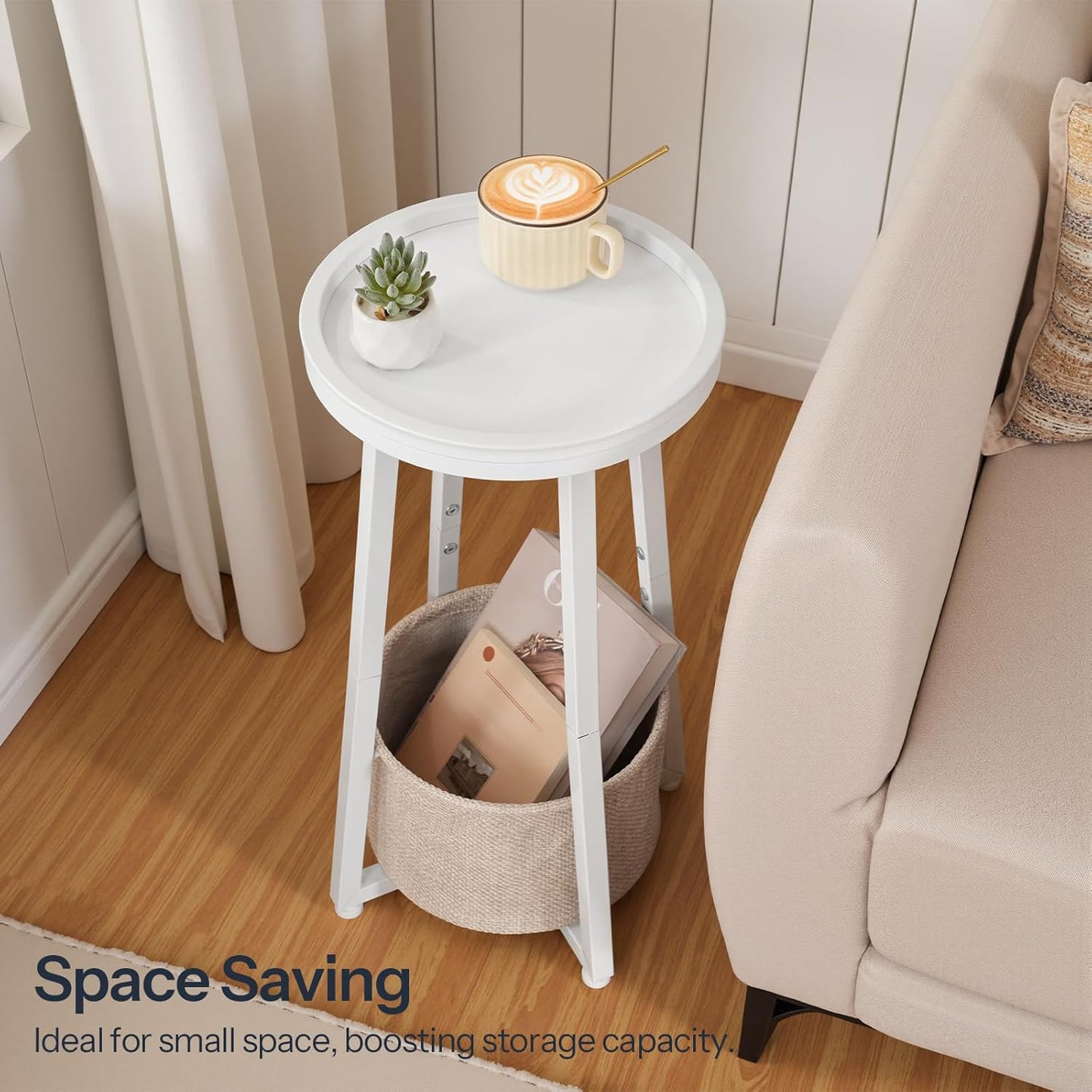HOOBRO Small Round Side Table, 2-Tier Round Sofa End Table, Compact Nightstand with Cotton Linen Storage Basket, for Small Space, Living Room, Bedroom, Dorm, White WW183BZ01