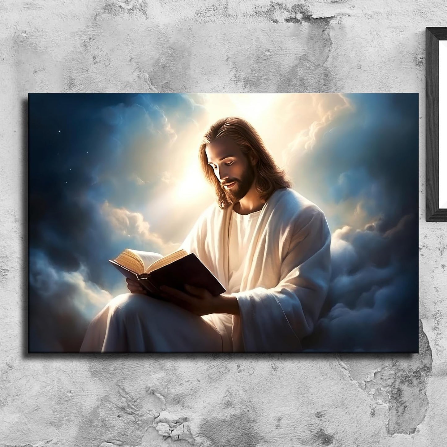 GoDdis Christ Wall Art Jesus Reading the Bible in Heaven Wall Art Poster Modern Wall Art living room wall art bedroom wall decor Canvas Printins (24x36inch-Framed)