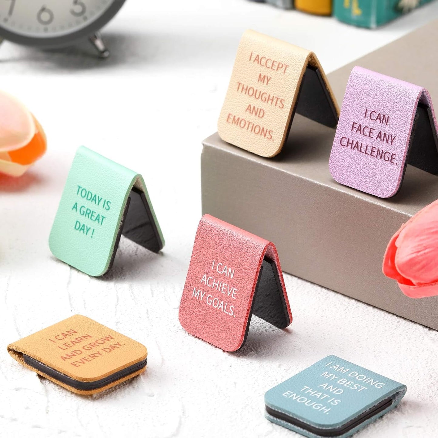 Faccito 6 Pieces Back to School Magnetic Leather Bookmark Inspirational Motivational Bookmark Encouraging Page Clip for Affirmations for Book Lovers Positive Gift School Office Supplies