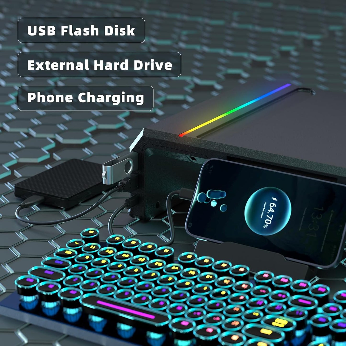 Heymaster Gaming Monitor Stand Riser with RGB Light, USB HUB Type-C Data Port, Adapter Charging, Foldable Adjustable Length Computer Monitor Phone Stand Storage Drawer & Pen Slot