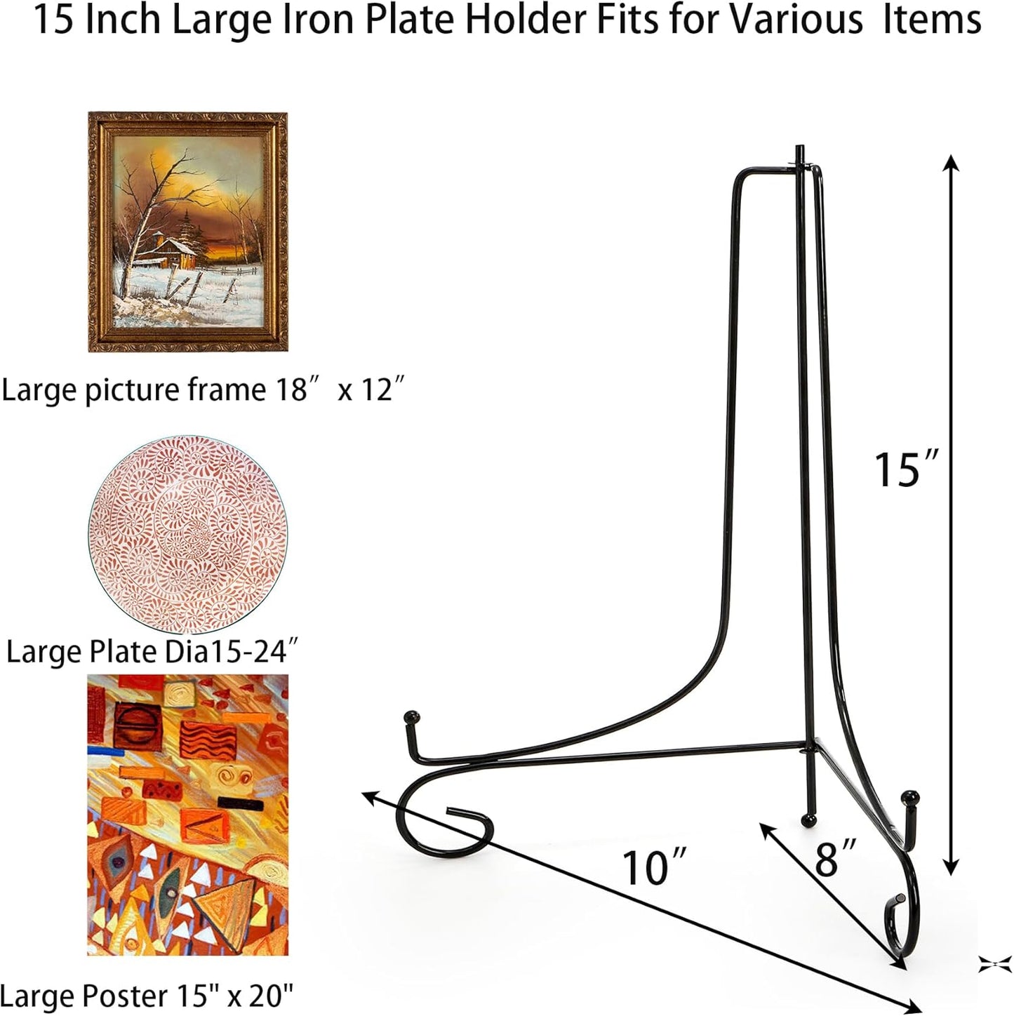 Jucoan 2 Pack 15 Inch Iron Display Stand, Large Black Easel Plate Holder Stand for Displaying Pictures Frame, Plates, Books Arts, Home Decor