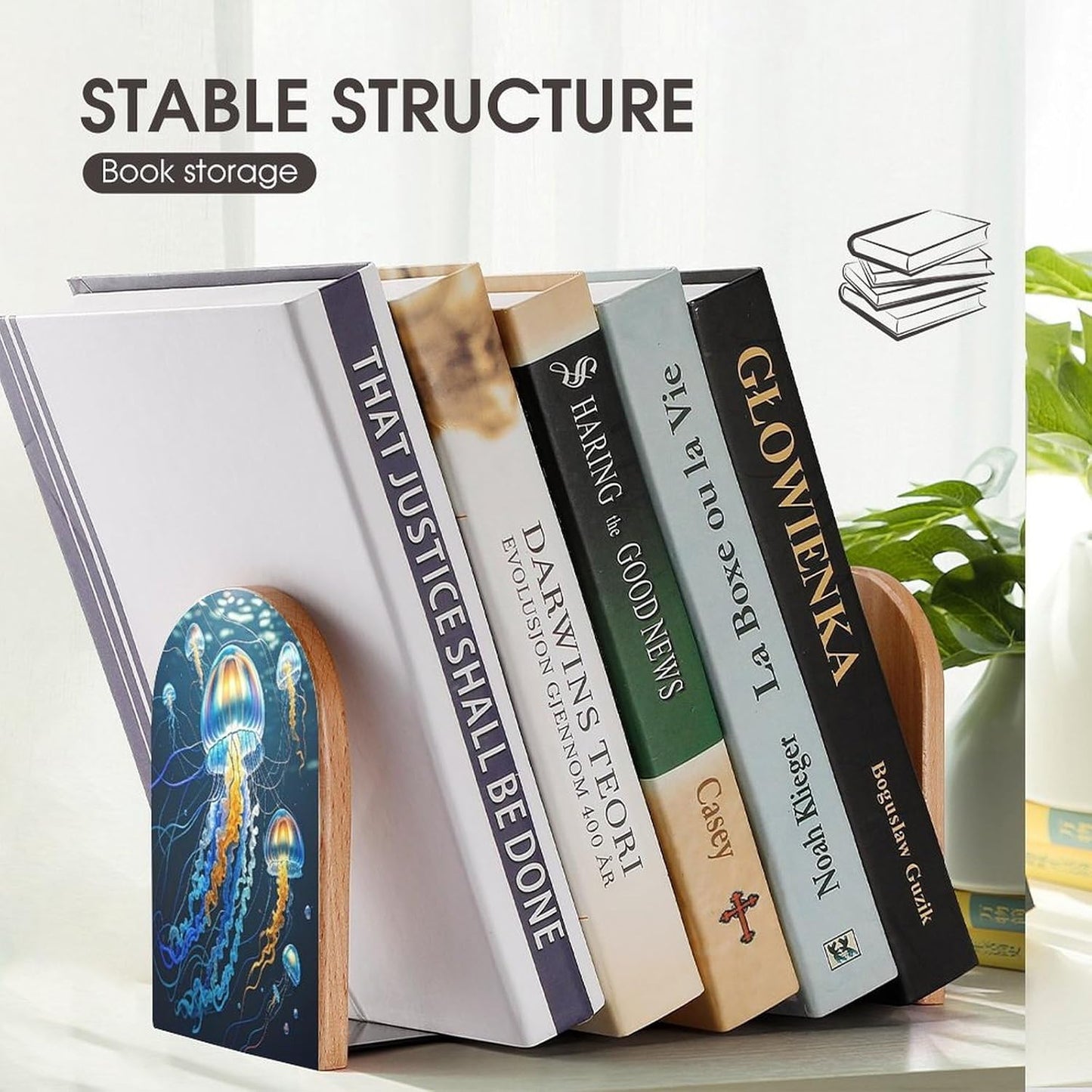 Color Jellyfish Bookends 1 Pair Heavy Duty Book Ends for Shelves Non-Skid Bookend Supports Wooden Book Holders with Metal Base Desk Organizers Books Storage to Hold Books