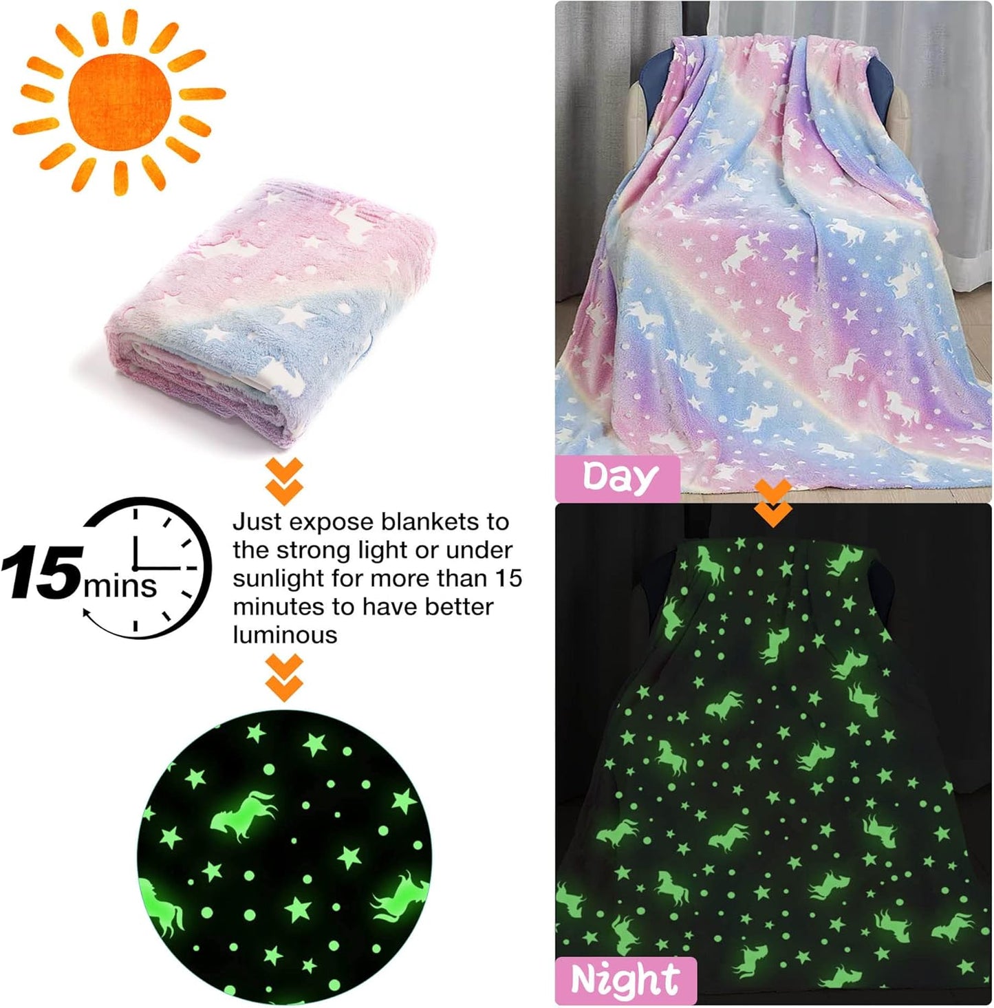LAT Glow in The Dark Throw Blanket,Super Soft Fuzzy Plush Flannel for Girls and Boys Sleeping Snuggle Blanket,All Seasons for Bed or Sofa,50 * 60 Inch (Rainbow Unicorn)