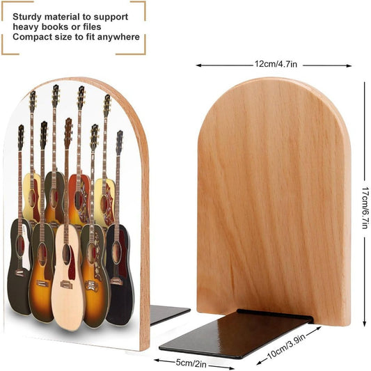 Guitar Wooden Bookend Non-Slip Book Ends Heavy Duty Book Stopper with Metal Base Books Holderd Decorative Bookends Stands Firmly for Office Supplies
