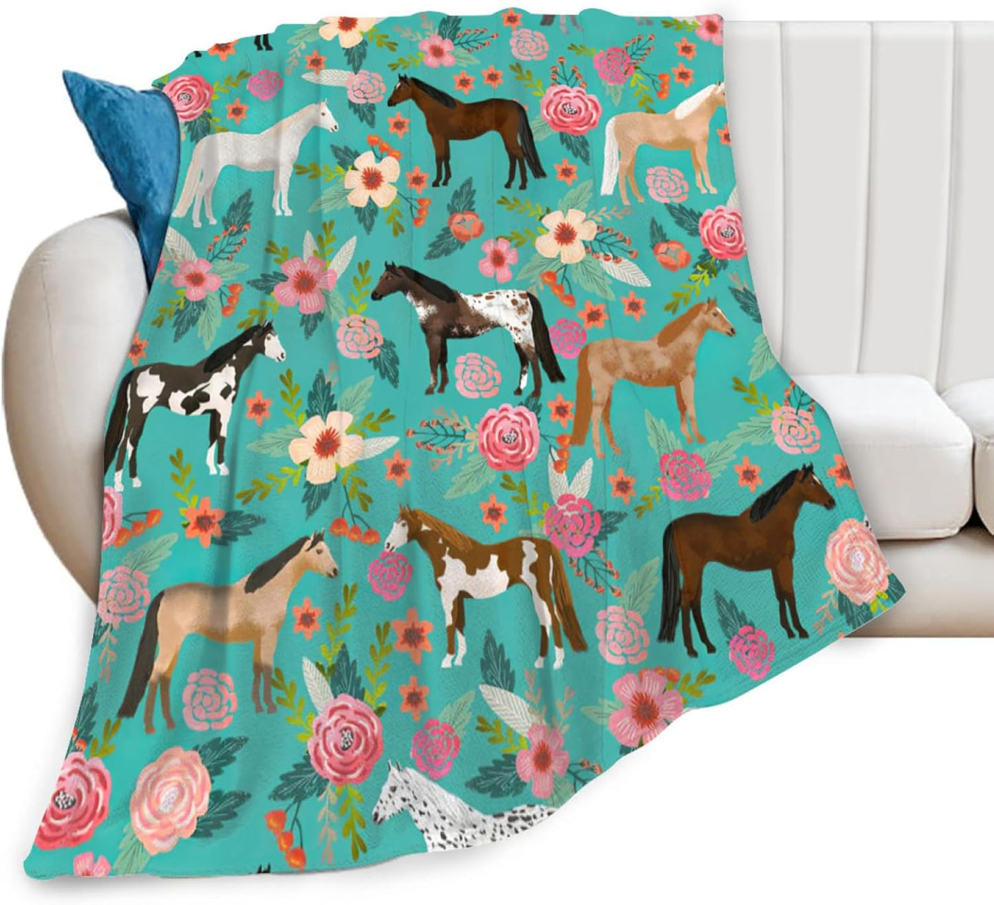 Horse Blanket Gifts for Girls Women Cute Horses Flowers Flannel Fleece Throw Blanket Soft Warm Fuzzy Floral Blanket for Horse Lovers Decor Bed Couch Living Room for Kids 50"x40"
