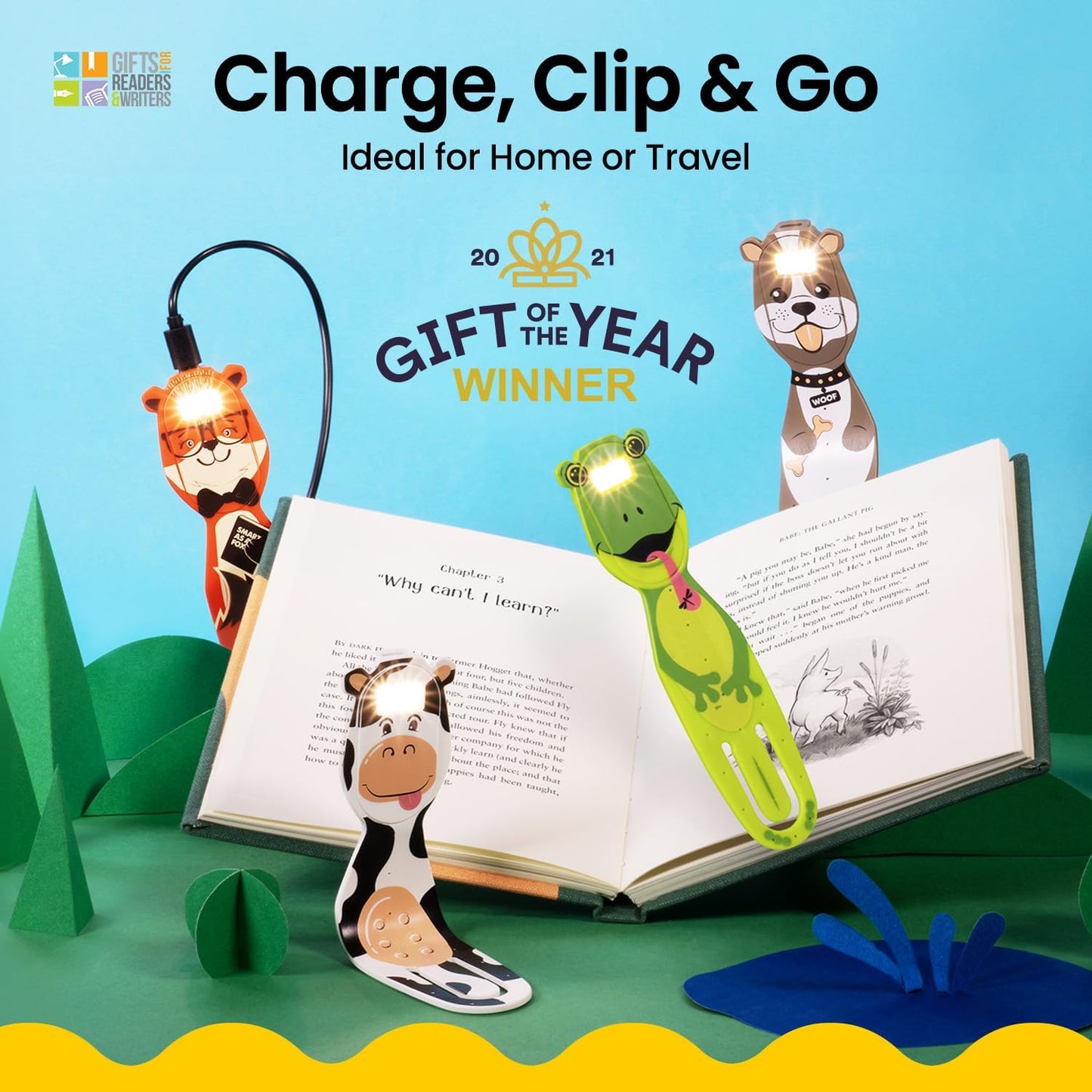 Gifts for Readers & Writers Rechargeable Book Light for Kids, Clip On Reading Light for Bed, 2in1 Flexilight Pals & Bookmark, 12 Hours of Light Once Charged, Includes USB Cable & 2 LED Lights, Panda