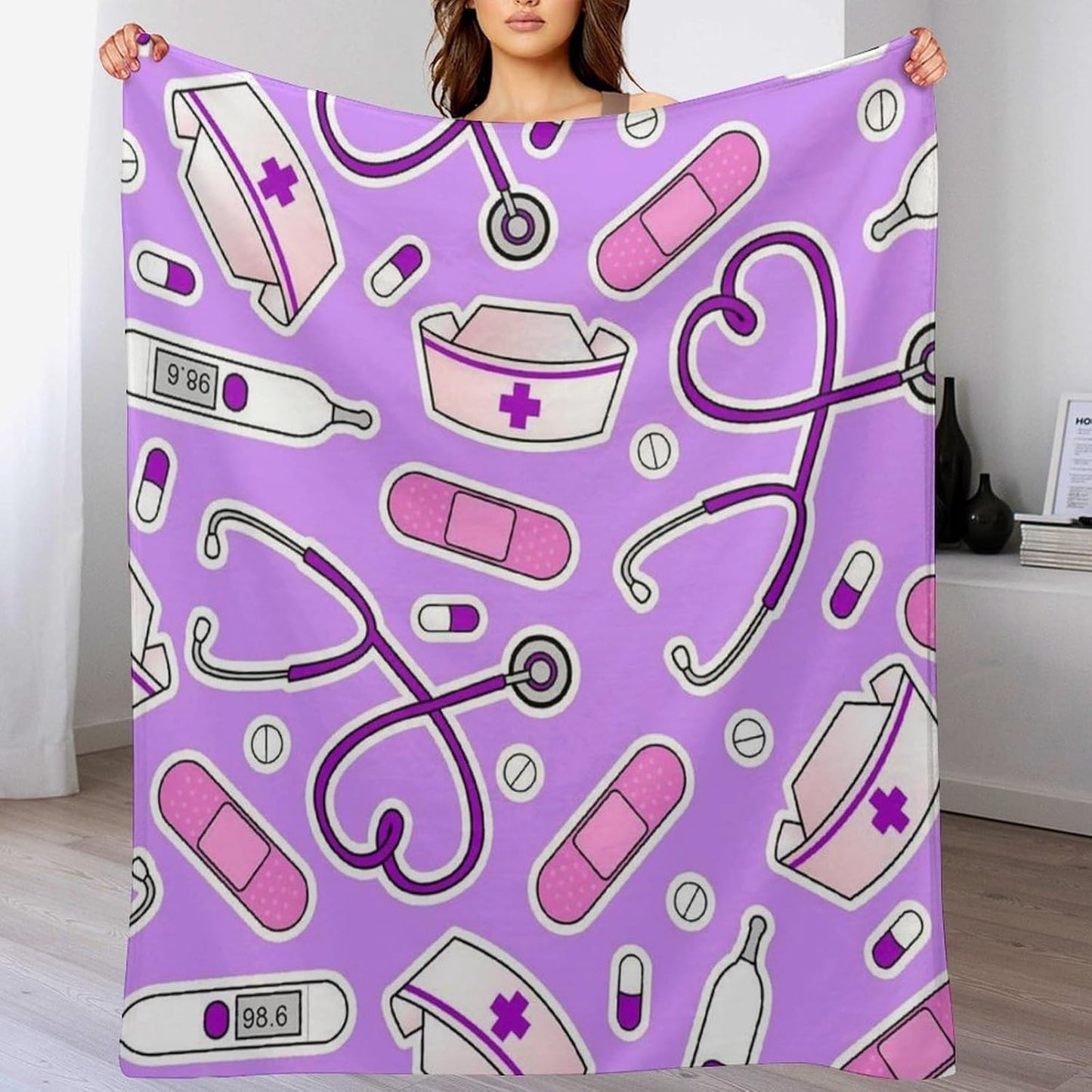 Nurse Pattern Purple Throw Blanket for Couch Super Soft Warm Lightweight Throw Blankets Cozy Flannel Bed Blanket Cute Decorative Blankets for All Seasons Home Decor Gift 50"*60"（130 * 150cm）