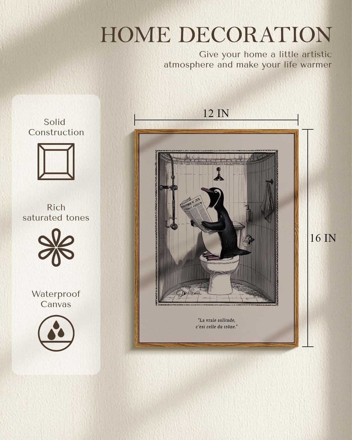 WHASAYART Funny Penguin Reading Newspaper on Toilet Wall Art, 12x16 Framed Canvas Print French True Solitude Is on the Throne Quote Artwork, Humorous Restroom Bathroom Office Men’s Cave Decor
