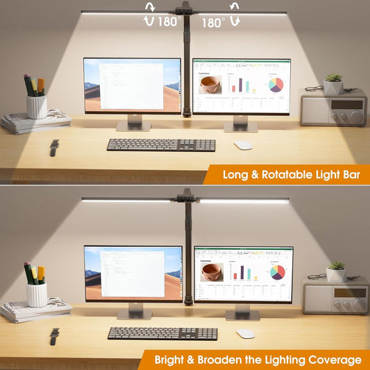 LED Desk Lamp for Home Office - Dimmable Computer Desk Light with Clamp, Modern Architect Task Lamp with Color Changing, Flexible Desktop Lamp with Gooseneck for Monitor, Double Head, Black