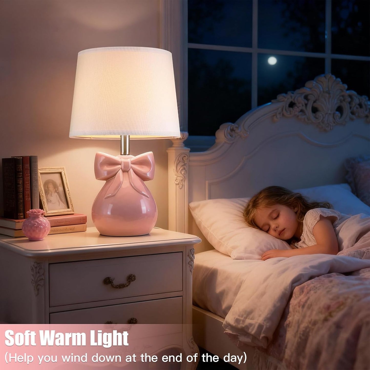 Pink Bow Table Lamp for Girl's Room, 19" Ceramic Cute Lamp for Bedroom, Classic Bedside Lamp for Nightstand, Modern Table Lamp for Living Room with Rotary Swtich (Bulb Included)