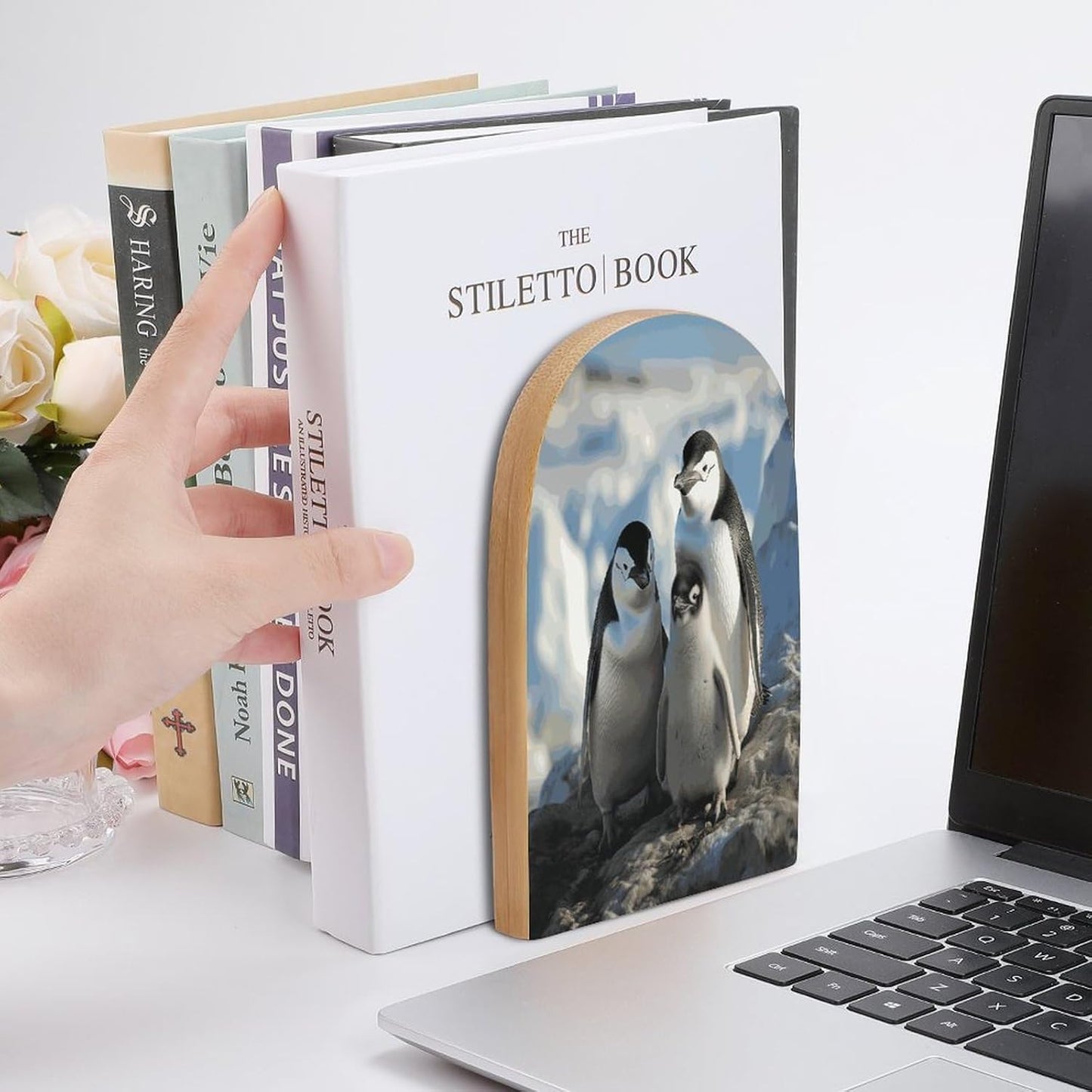 Penguin Parents and Chicks Antarctica Large Bookend for Shelves Wooden Book End Large Size Sturdy Book Holders Stoppers with Metal Base for Bookshelves Slick Decorative Bookends Stands