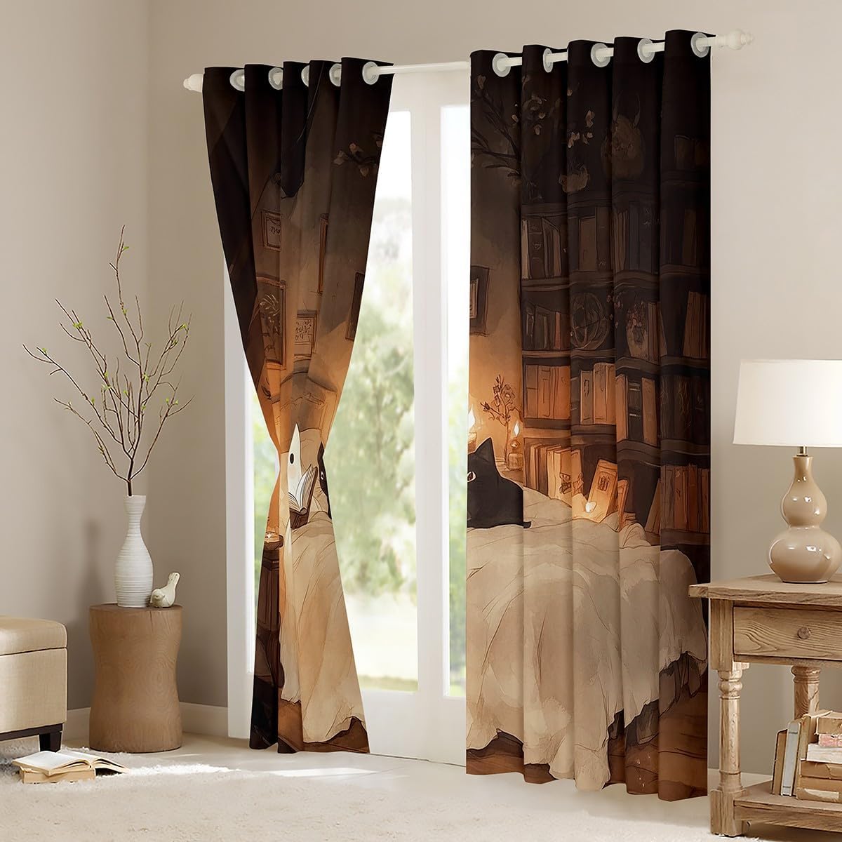 jejeloiu Halloween Funny Ghost Curtains for Bedroom Living Room Kawaii Cute Cat 30%-50% Blackout Shades Reading Book Room Darkening Curtain Window Treatments, 2 Panels 52 x 84 Inch Decor