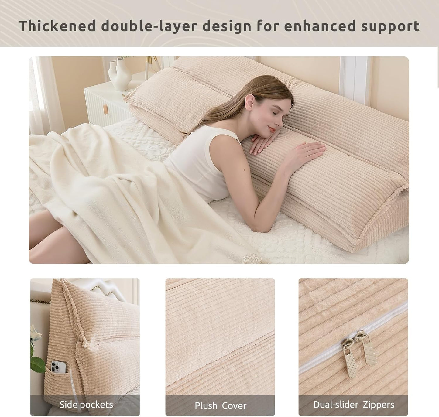 Wedge Pillow Headboard, Headboard Pillow Queen for Reading or Sitting, Bolster Pillow with Large Memory Foam, Removable Cover, Camel