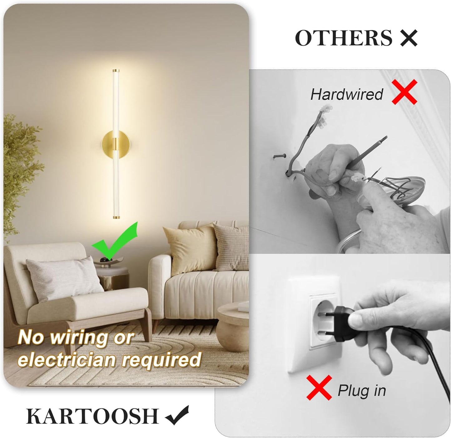 Wireless Wall Sconces Rechargeable Battery Operated LED Wall Light with Remote, 3000K-6000K Adjustable Stepless Dimming for Bedroom, Hallway, Kitchen, 23.6 Inch Gold