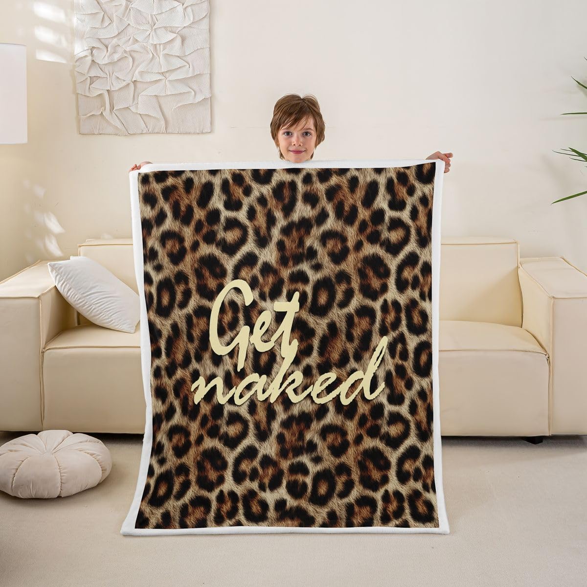 Feelyou Leopard Print Get Naked Throw Blanket Funny Quotes Soft Fleece Sherpa Cozy Fuzzy Plush Warm Brown Fuzzy Plush Throw Cheetah Throw 50"x60" for Bed Couch Living Room