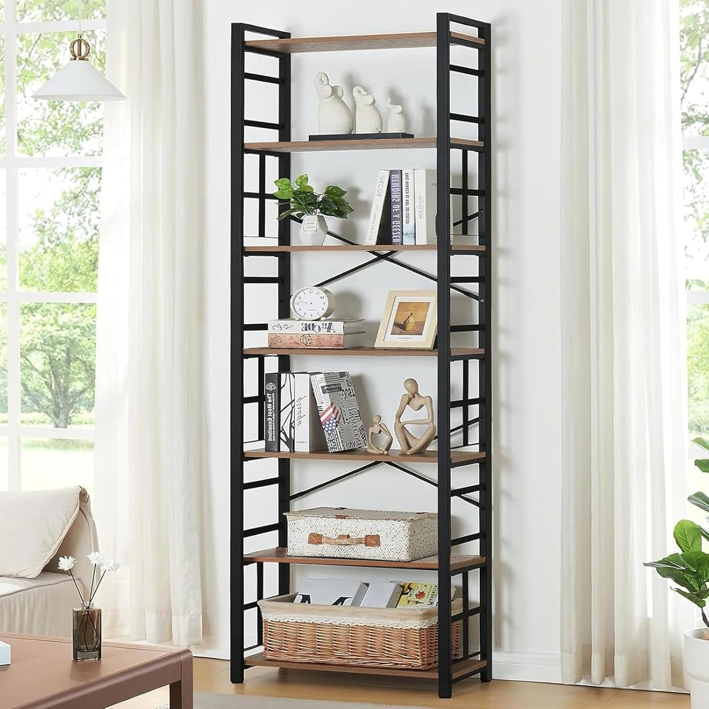 HOMBAZAAR 7 Tier Bookshelf,84 inch Tall Industrial Bookcase with Metal Frame and Open Shelves,Rustic Heavy Duty 7 Shelf Bookcase, Office Book Shelves for Living Room and Bedroom,Brown