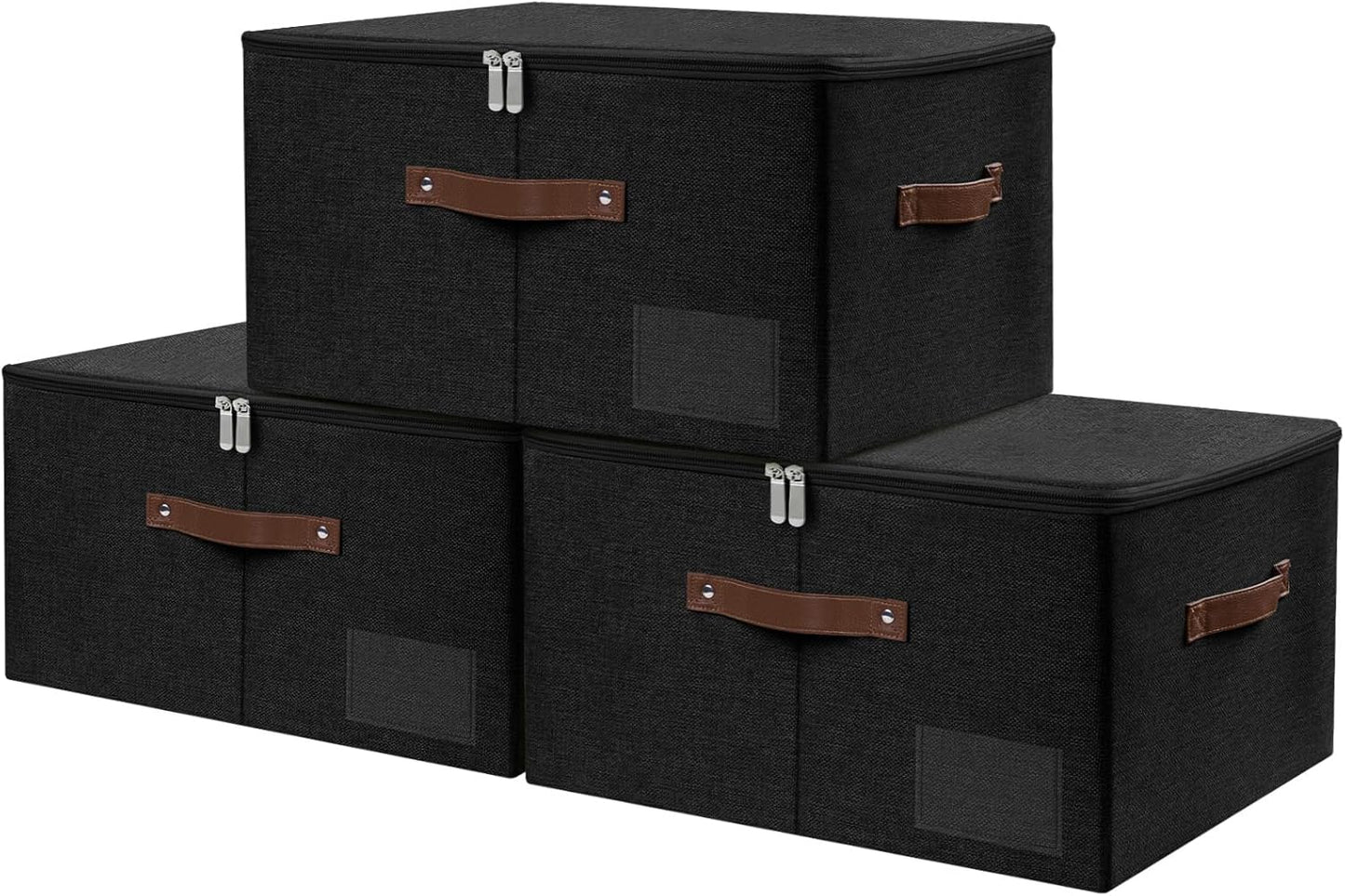 Lucky Monet 3PCS Storage Bins with Zipper Lids 17.7"x13.8" x10" Foldable Lidded Fabric Storage Boxes Cotton Linen Closet Shelf Clothes Organizer with Handles & Label Pocket (Black, Extra Large)