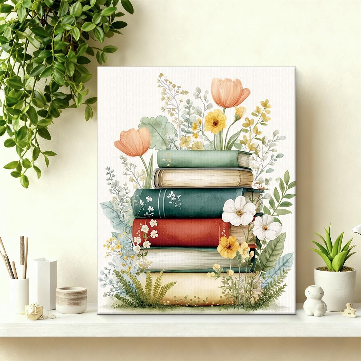 YJIKRTVT Floral and Book Canvas Wall Art, Aesthetic Reading Nook Decor, Botanical Flowers Watercolor Canvas Printing Artwork, Painting Artwork Wall Decor for Living Room Bedroom 8x10 Inches