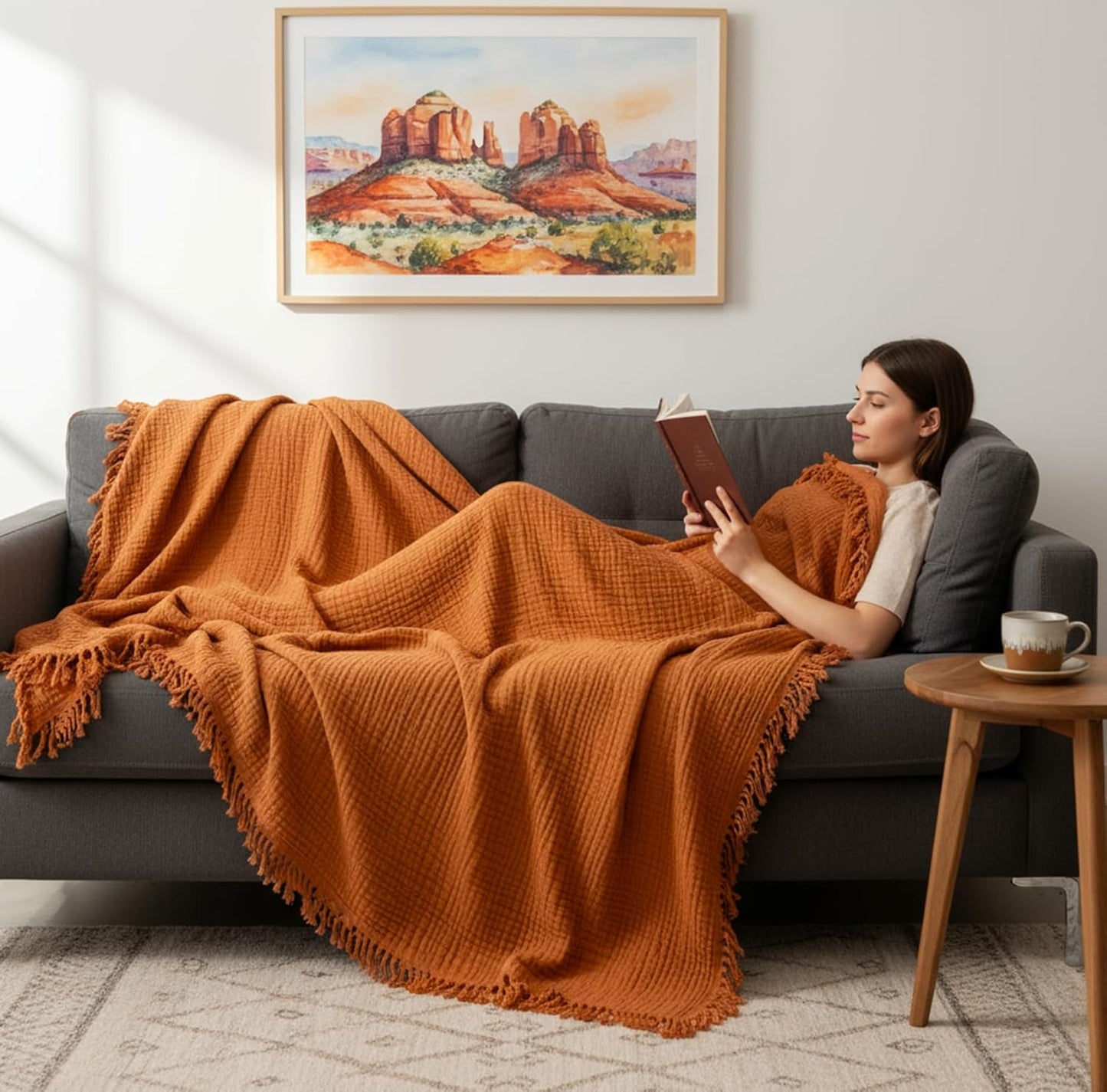 KyraHome 100% Cotton Throw Blanket for Bed, 60"x80" Muslin Blankets for Adults, Kids, Plant-Dyed, Lightweight Couch Blanket, All Season, (Terracotta/Burnt Orange)