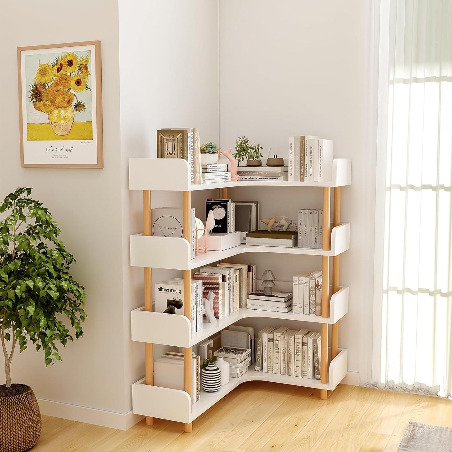 Wooden Reversible Corner Bookshelf - Modern 4 Tiers L-Shaped Bookcase with Solid Wood Frame and Edge Protection for Home and Office, Open Storage Shelf, White