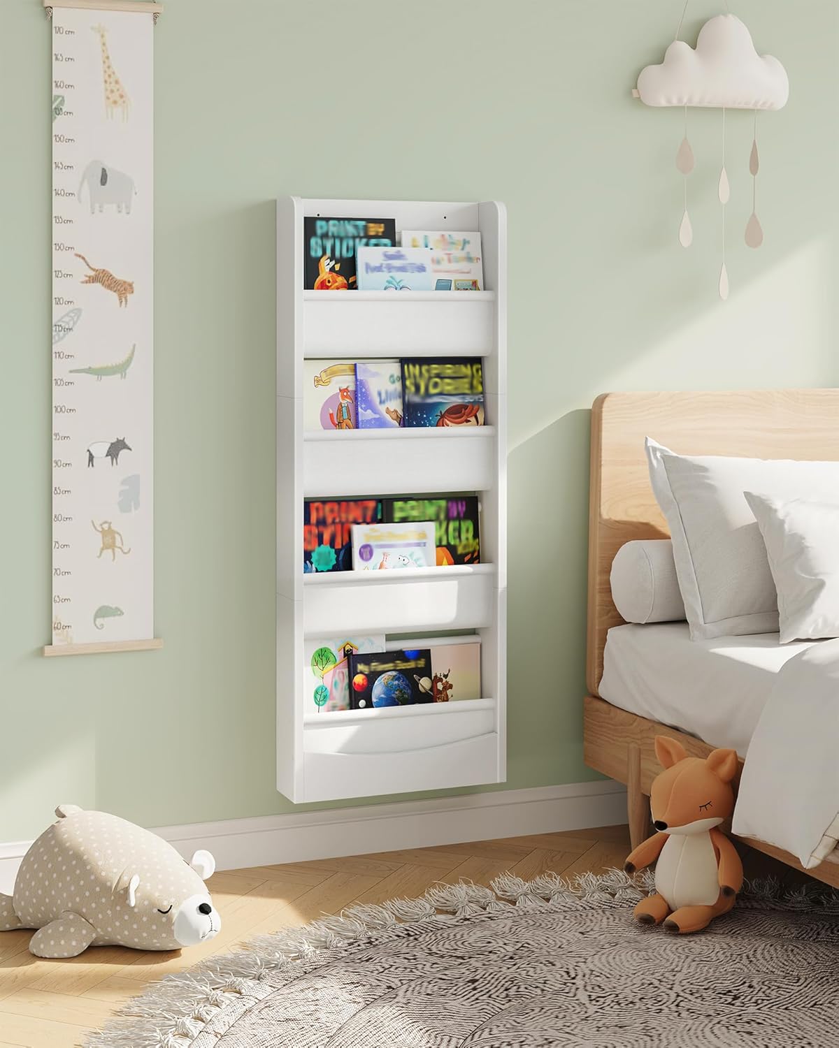 Wall Mounted Kids Bookshelf, 4 Tier Fabric Book Shelf for Kids Rooms, Bookshelf Organizer for Nursery, Classroom, Door Behind, Holds Books, Toys, White MCW40WB