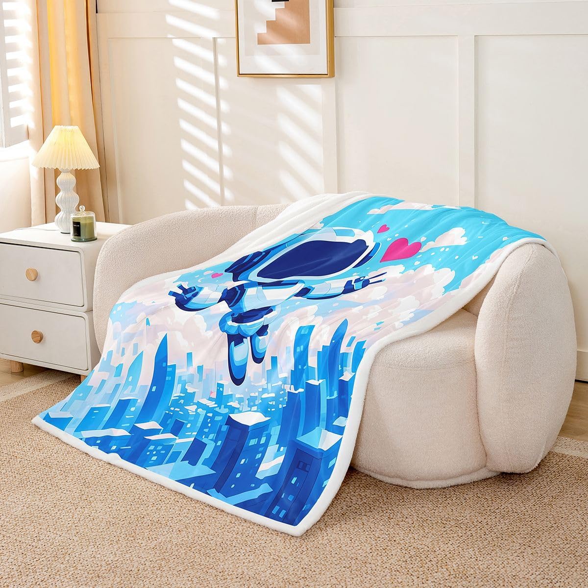 Erosebridal Blue Robot Blanket Throw,Cartoon Machine Robot Blankets and Throws for Kids Boys Girls Bedroom Decor,Science Themed Fleece Blanket Sci Fi Blanket 60"x80" for Bed Couch