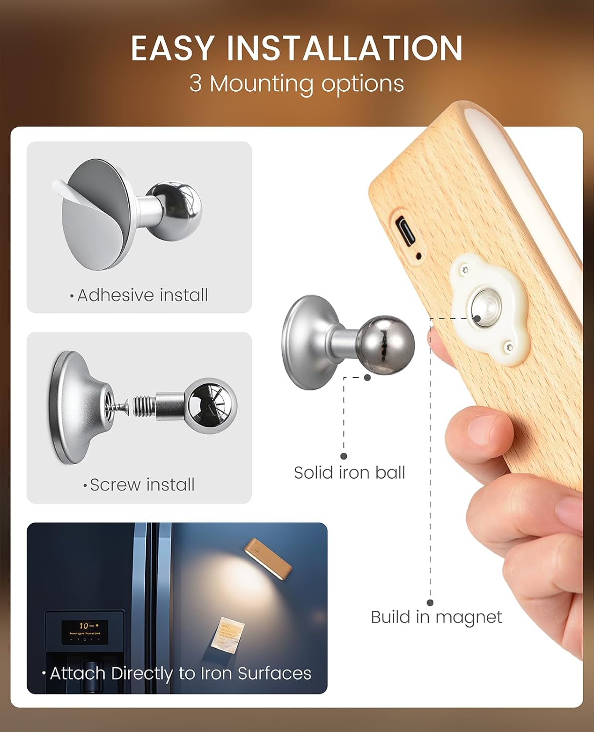 Wood LED Wall Sconce, Magnetic 360° Rotatable Wall Mounted Night Light & Reading Light, Small Rechargeable Battery Powered Bedside Wall Lamp for Bedroom, Living Room, Beech Wood
