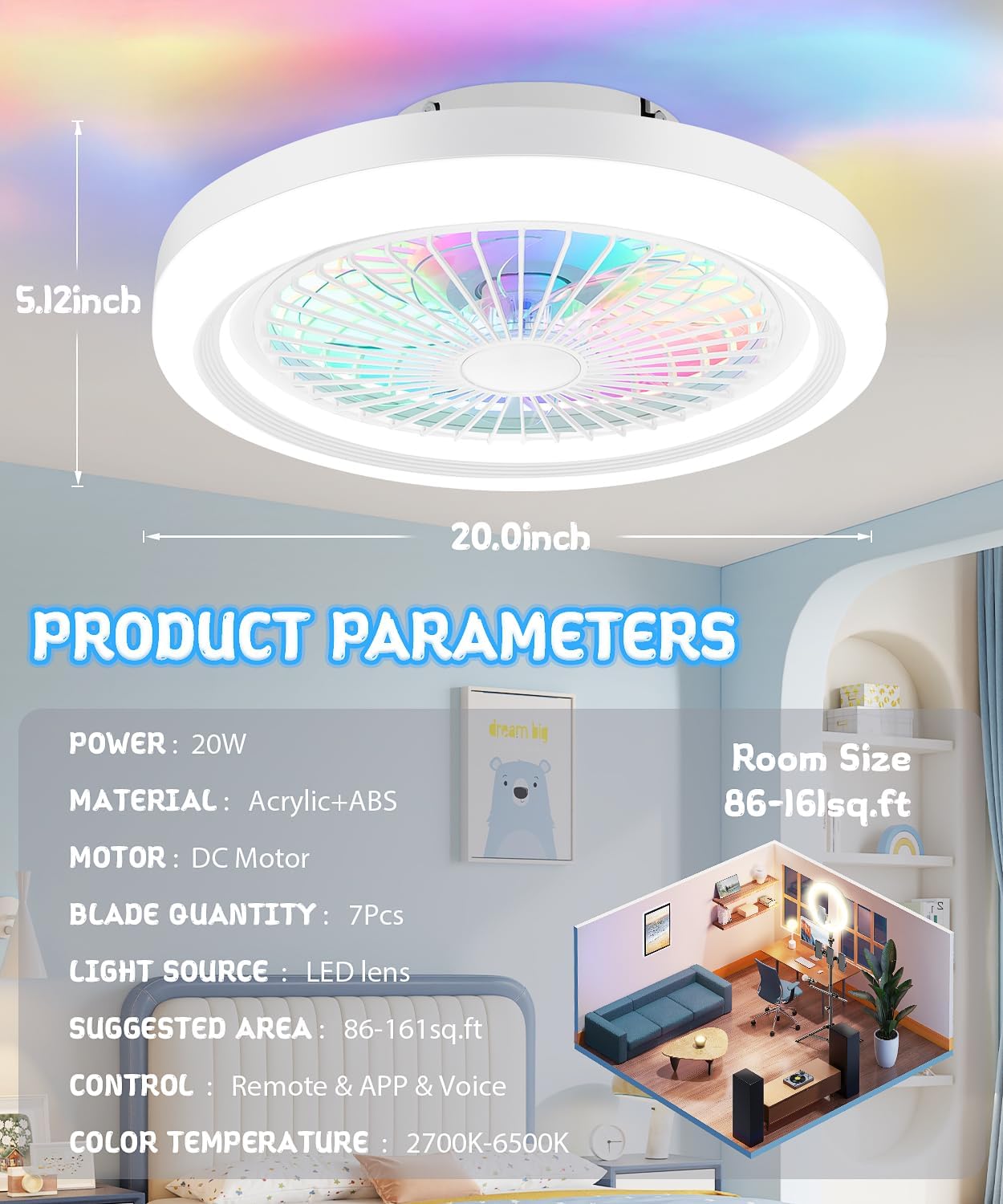 2-in-1 Low Profile Ceiling Fan with Light, 20” Caged Safety Design for Kids - Back RGB Color, Smart APP/Remote Control, Quiet Flush Mount DC Motor, Ideal for Bedroom/Living Room/Kitchen, White