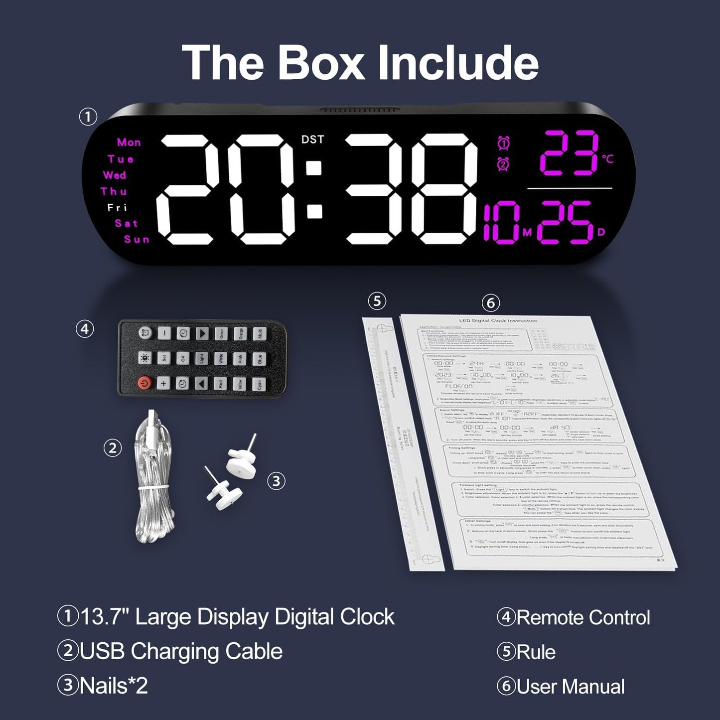 13.7" Large Digital Wall Clock – Remote Control, Dual Alarm, Big LED Display, Auto-Dimming, RGB Night Light, Auto DST – Bedroom, Living Room, Office, Purple