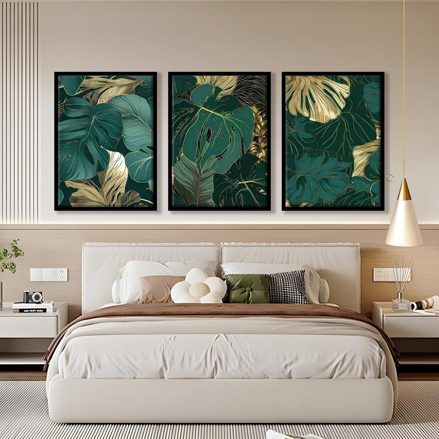 Framed Gold Green Wall Art Set of 3 Tropical Botanical Picture Emerald green Leaf Painting Prints Wall Decor with Black Frame Modern Plant Poster for Living Room Bedroom Bathroom Office 16x24Inch