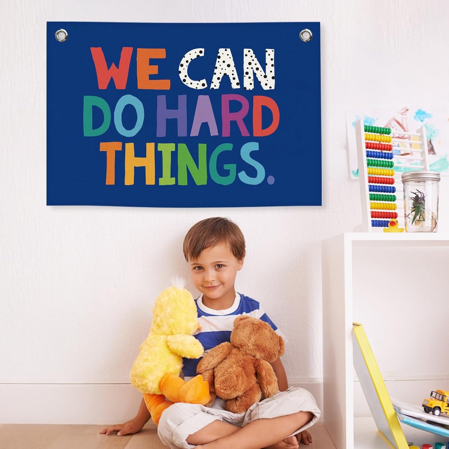 We Can Do Hard Things Kids Banner Canvas, Classroom Blue Toddler Room Decor, Inspirational Hanging Flag Sign, Nursery Wall Tapestry Art for Playroom School Counseling Office Boy Decor 20x30in