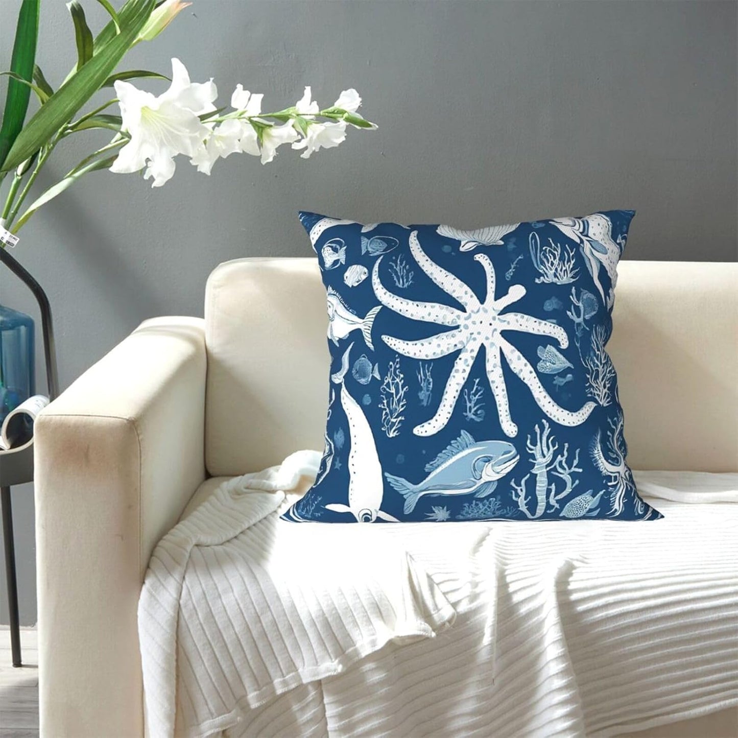 All-Season Square Pillow Covers 18"X18", Sea Animals, Decorative Throw Pillow Covers for Sofa Bed Couch, Hidden Zipper Cushion Cover, Square Lumbar & Accent Pillowcases for Home Decor