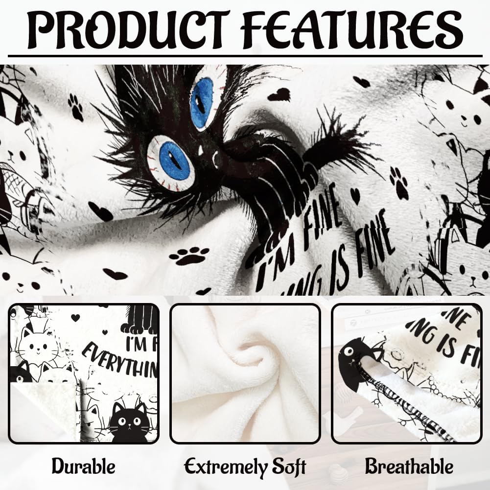WADORN Funny Cat Throw Blanket, Cozy Soft Cute It’s Fine Kitten Throw Blanket Fuzzy 500GSM Flannel Fleece Blankets Plush Cats Lover Gift for Woman Office Living Room Sofa Bed Couch Chairs, 59x51 Inch