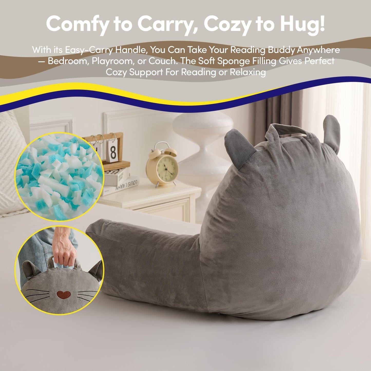 Kitty Cat Reading Pillow for Kids & Teens with Shredded Memory Foam – Soft Velvet Lounger with Fun Character Designs, Removable Washable Cover & Built-in Handle for Reading, Relaxing & Screen Time