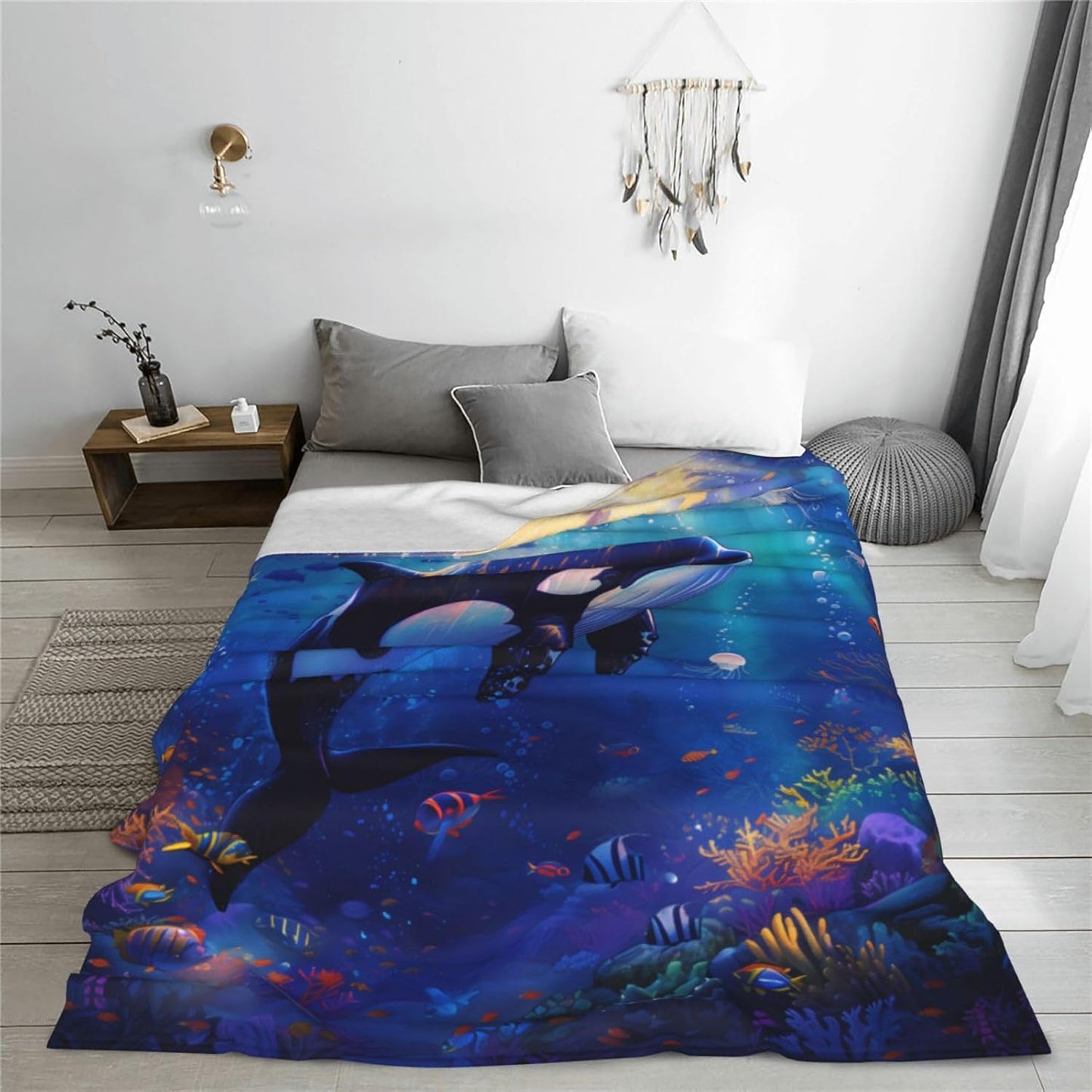 Orca Blanket Gifts for Kids Adults, Flannel Killer Whales Throw Blankets for Bed Living Room Sofa Couch Traveling Camping, Soft Warm Lightweight Plush Fish Ocean Orca Decor 50x60in