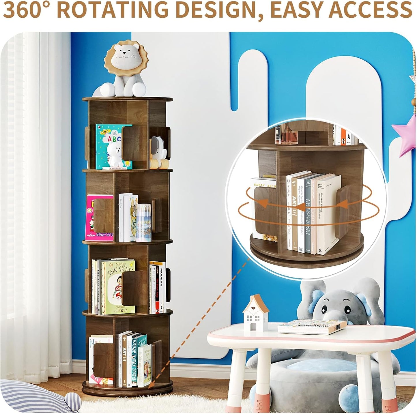 Uniclinens Wooden Rotating Bookshelf Tower 4-Tier, 360 Display Spinning Bookcase, Narrow Revolving Book Shelf Organizer for Kids&Adults, Round Bookshelves Floor Standing Storage Rack, Walnut
