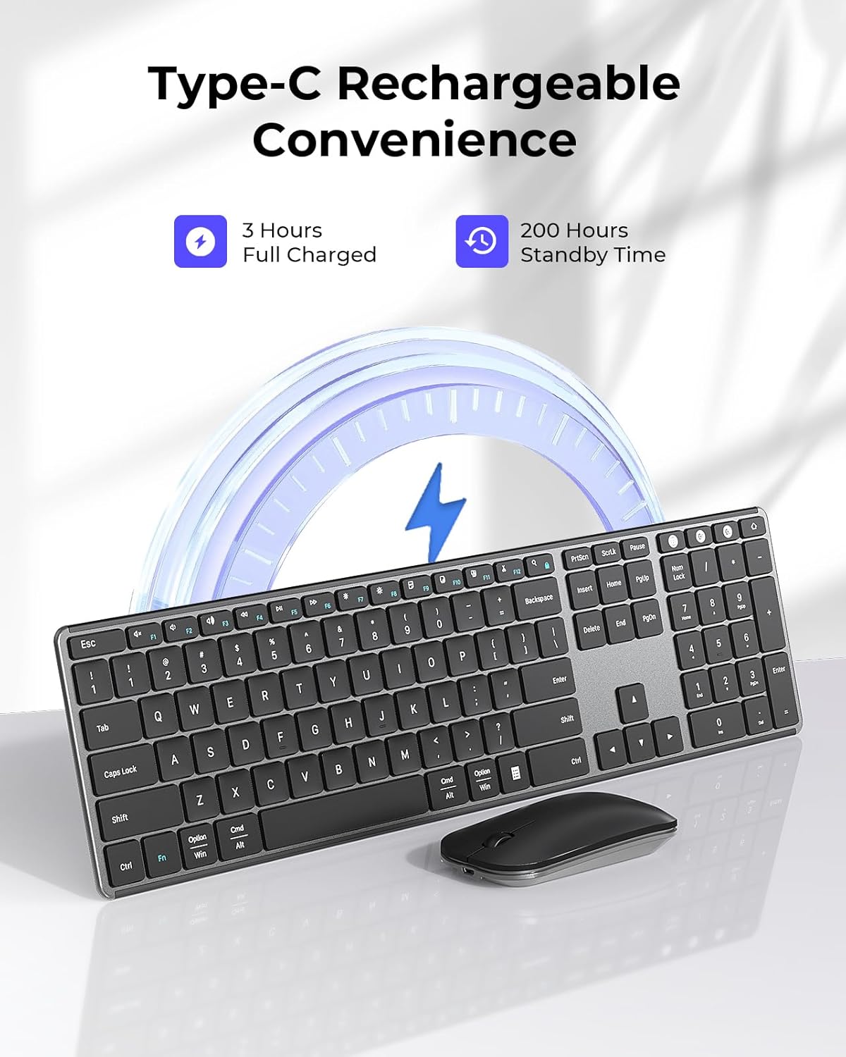 seenda Wireless Bluetooth Keyboard and Mouse Combo, SKM64-3 Rechargeable Slim Quiet Keyboard Mouse, 3 Multi-Device Connection, Compatible for Windows, Mac, MacBook, iPad, Tablet, Black Gray