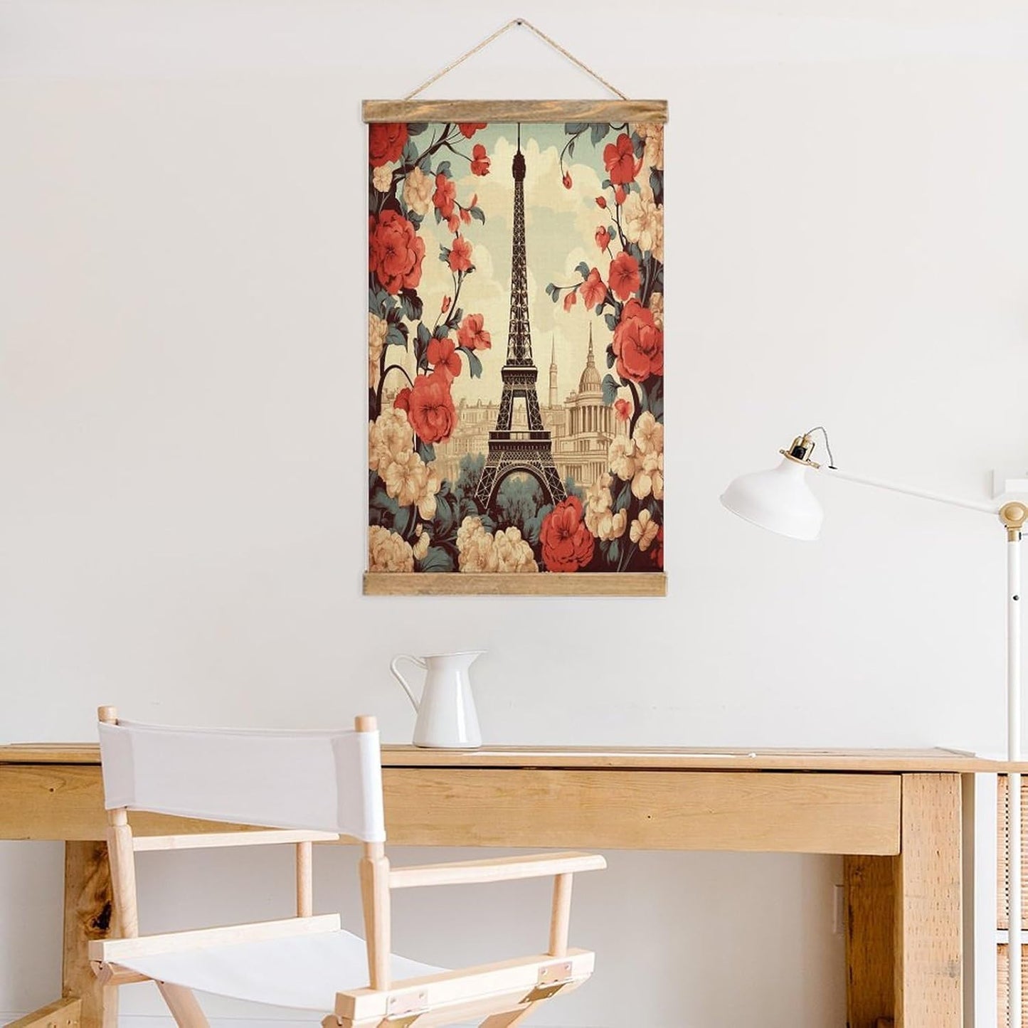 Vintage Paris Vintage Floral Poster with Wooden Frame Personalized Linen Hanging Scroll Painting Rustic Wall Hanging Illustrative Modern Artwork Decor for Home Living Room Bedroom Office