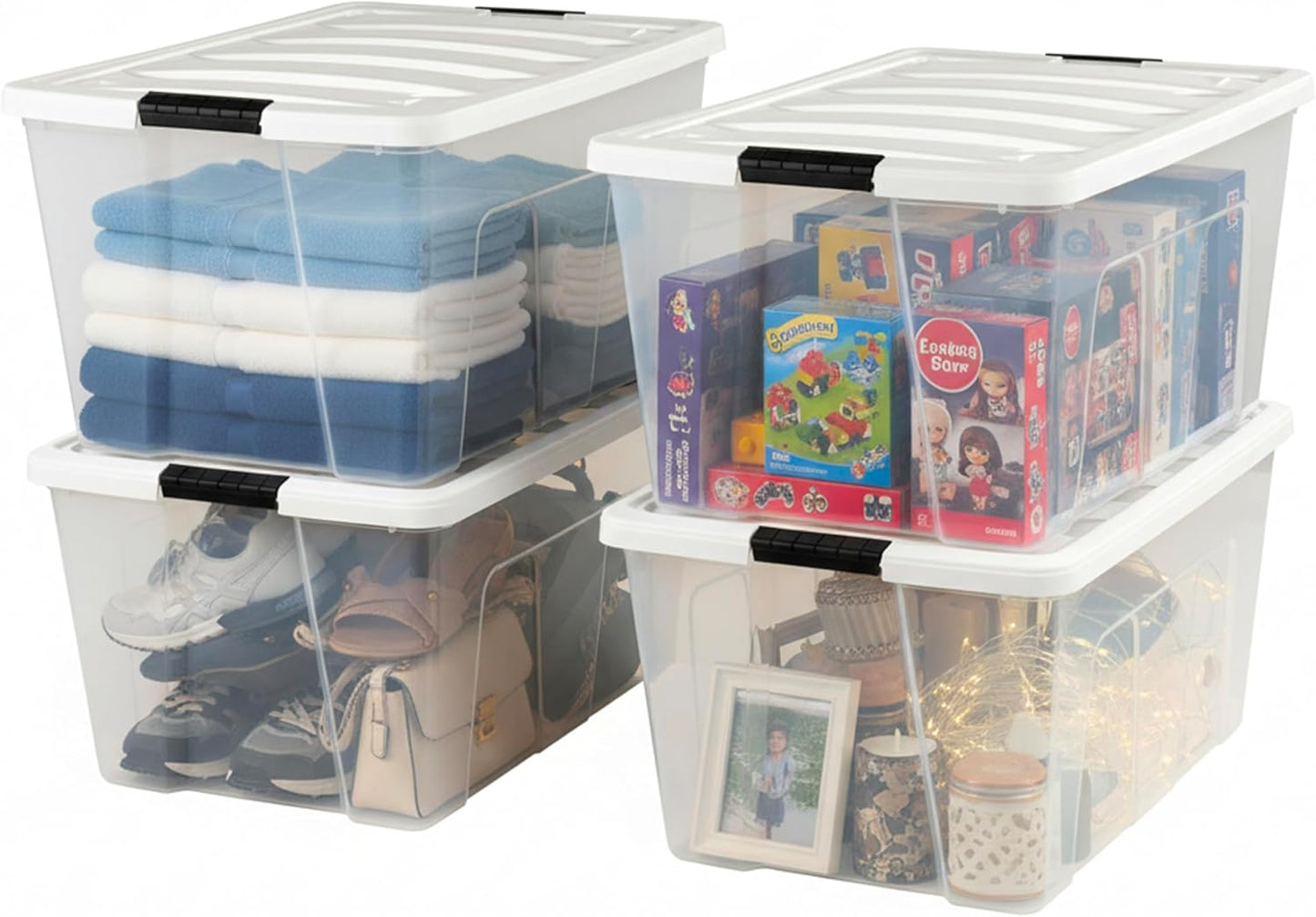 IRIS USA 94 Qt Stackable Plastic Storage Bins with Lids, 4 Pack - BPA-Free, Made in USA - See-Through Organizing Solution, Latches, Durable Nestable Containers, Secure Pull Handle - Clear/White
