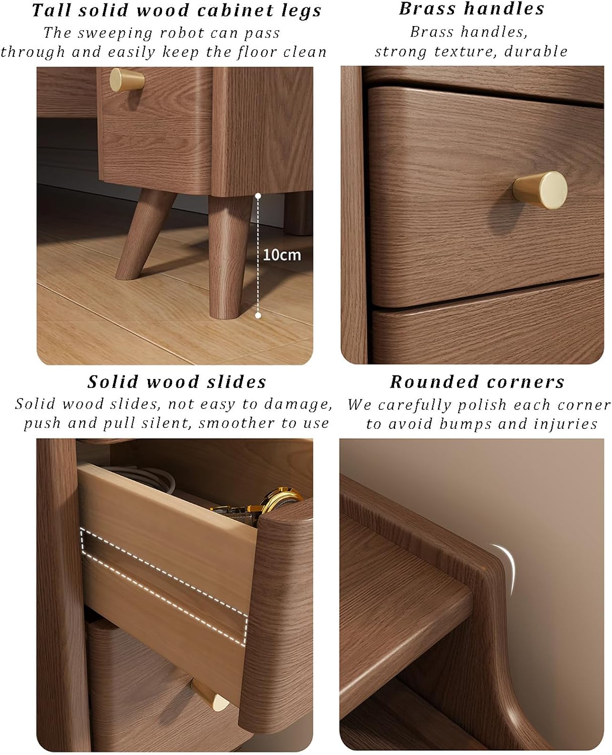 Solid Wood Nightstand with 2 Drawer, Narrow Bedside Tables with Bookshelf, Mid Century Modern Slim Skinny Side Table for Bedroom, Living Room, Small Spaces (25x40x50cm(10x16x20inch), Walnut)