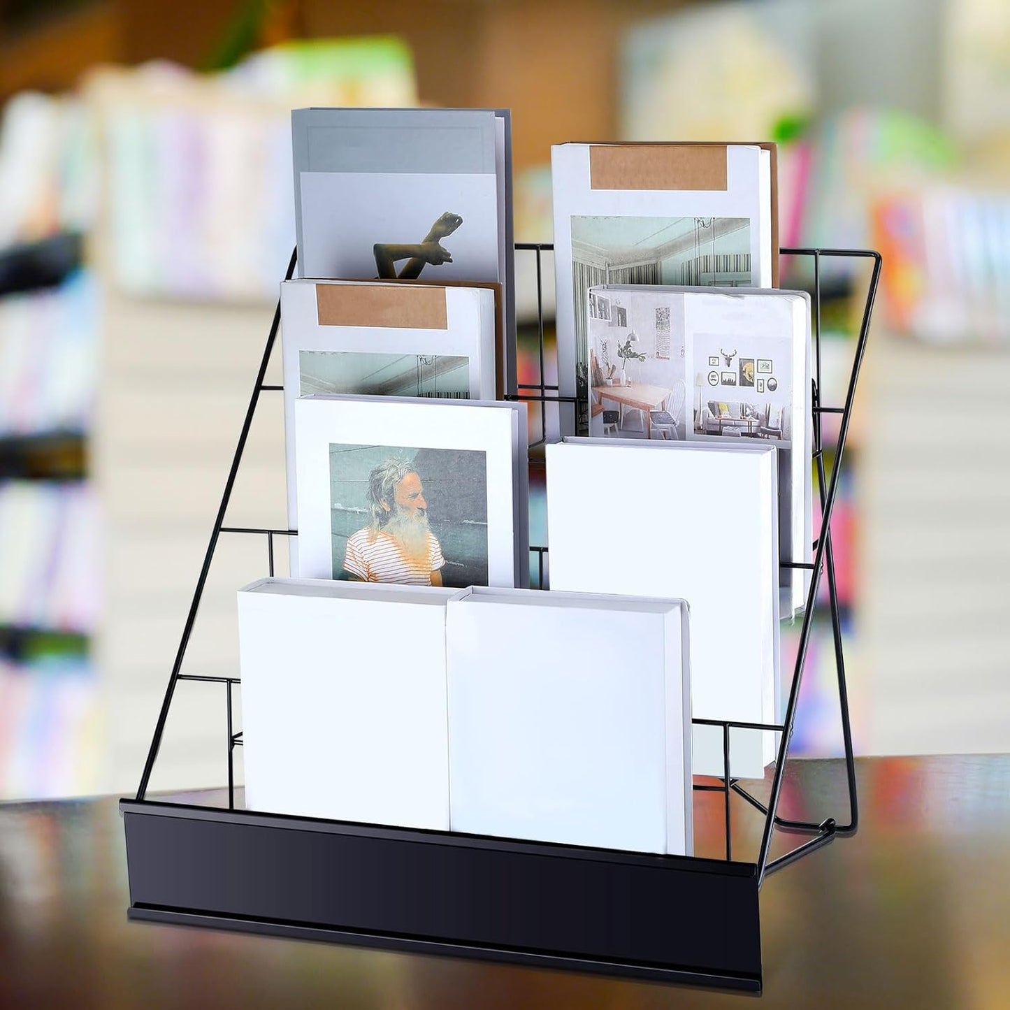 Sintuff Comic Book Display Stand 4 Tier Black Color Book Display Rack 18" Wire Tabletop Signing Cd Magazine Stand Rack Metal Countertop Decor for Retail Library Classroom Picture Literature Brochure
