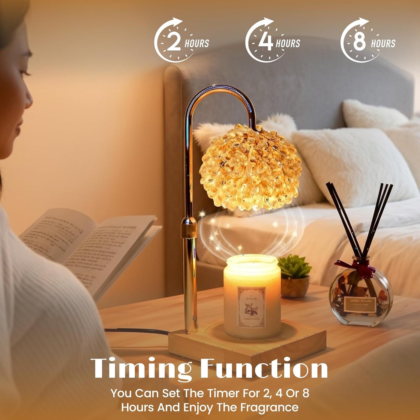 Glass Candle Warmer Lamp with Timer - Adjustable Height Candle Lamp Warmer with Crystal Shade, Timer (8H/4H/2H) - Wax Melter with Jar Candle - Ideal Gift, fits Various Size Candles