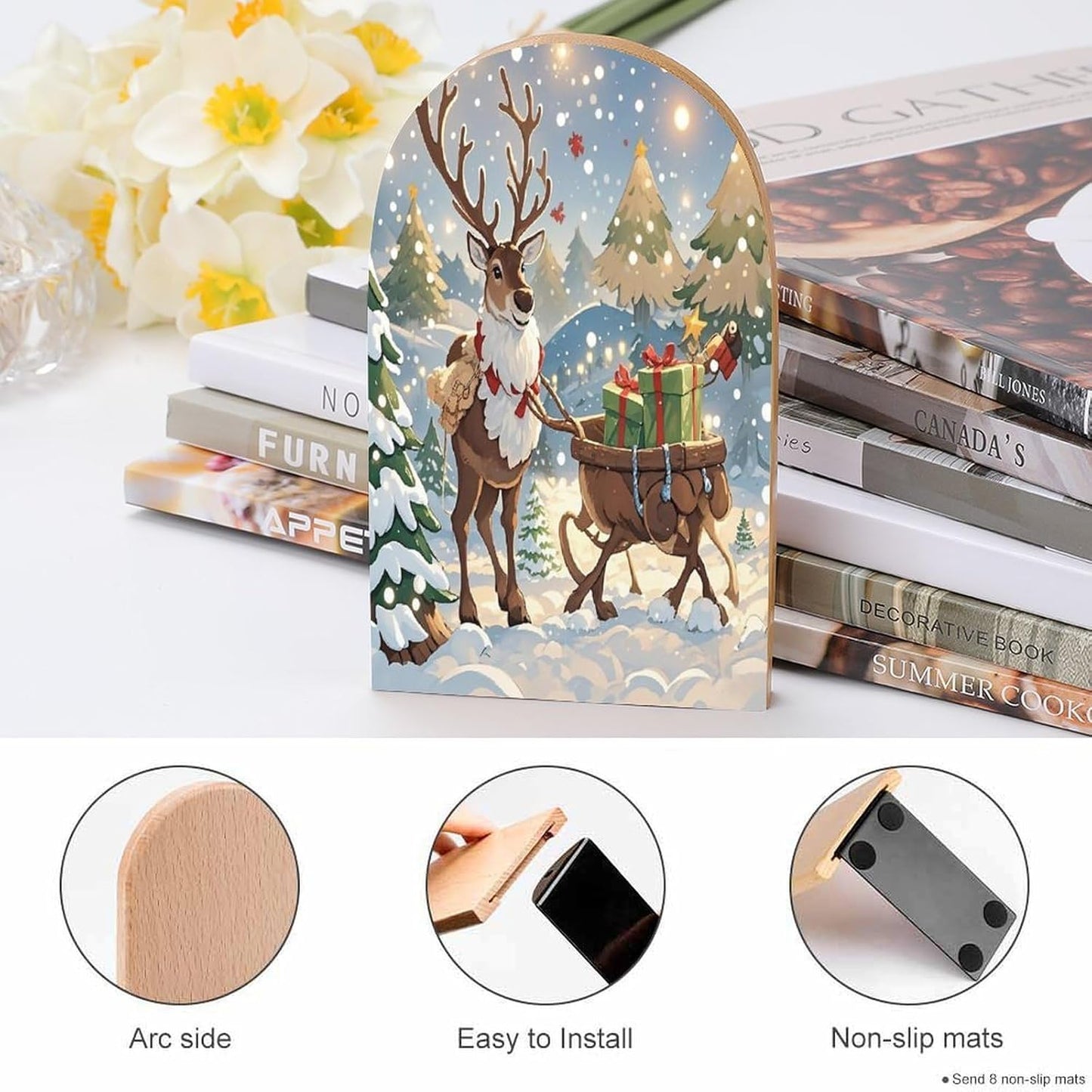 Reindeer Delivering Bookends 1 Pair Heavy Duty Book Ends for Shelves Non-Skid Bookend Supports Wooden Book Holders with Metal Base Desk Organizers Books Storage to Hold Books