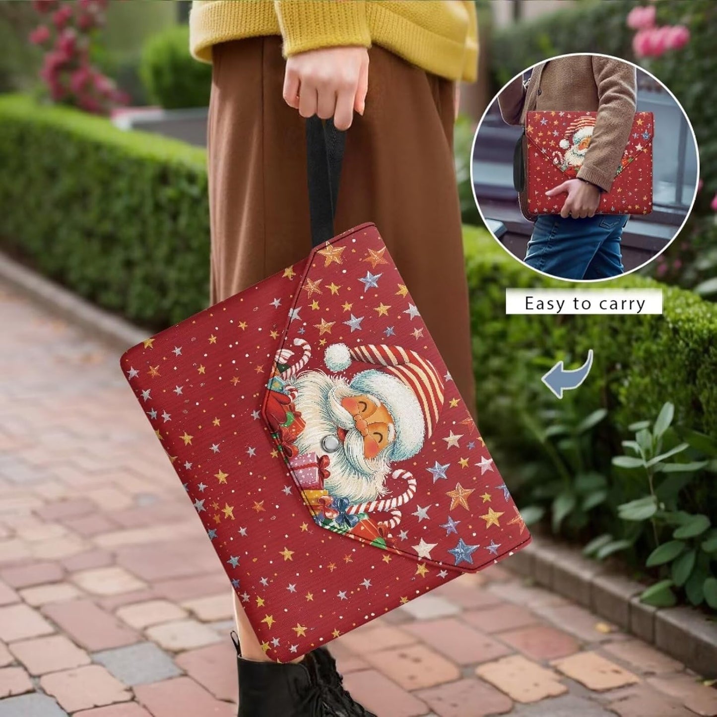 chaqlin Large Book Protector Sleeve for Book Lovers Gifts Happy Christmas Santa Claus Washable Bookcover Pouch with Button and Handle Strap for Women Bookish Bookworm Library Reading Club