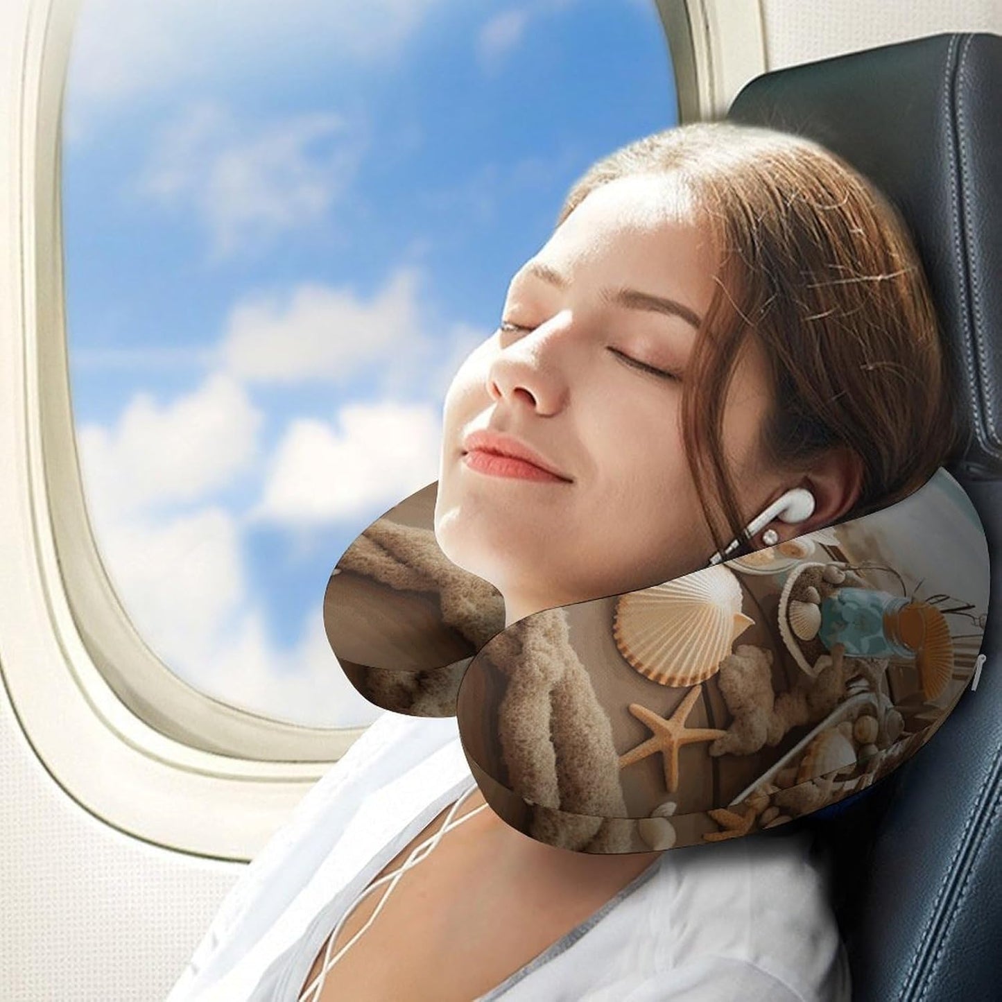 Ocean Beach Theme Neck Pillow Memory Foam U Shaped Pillows Portable Pillows for Shoulder Travel Head Support Pillow with Concealed Zipper for Airplane Car Home Office