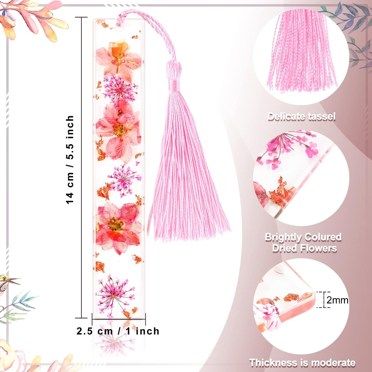 Dried Flower Resin Bookmarks and Book Holder Transparent Floral Page Marker with Tassels Handmade Thumb Ring Personalized Reading Accessories Gift for Women, Girls, Adults, Kids